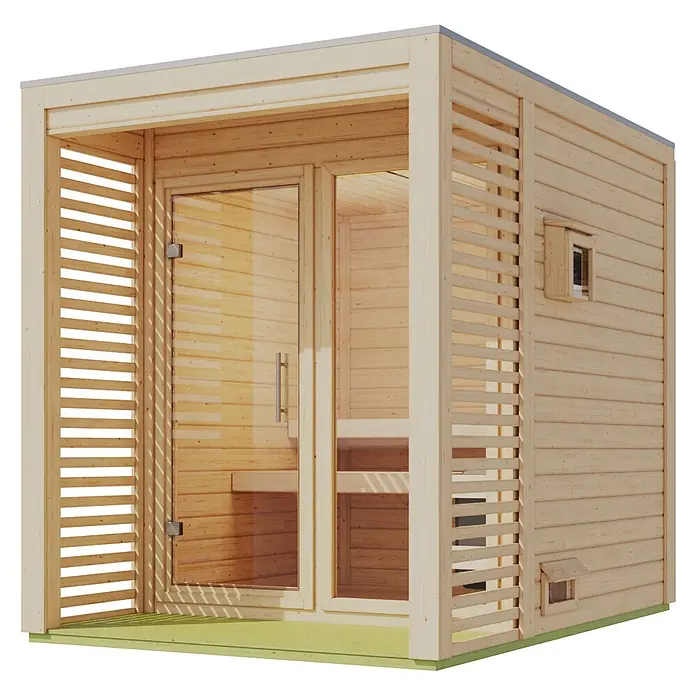 Karibu Saunahaus Heimdall - 9 KW Ofen mit interner Steuerung, Natur, L x B x H: 276 x 191 x 231,5 cm - Kleine Holz-Außensauna mit Glastür und Lattenrost-Seitenwand, hellem Holz und grünem Sockel.