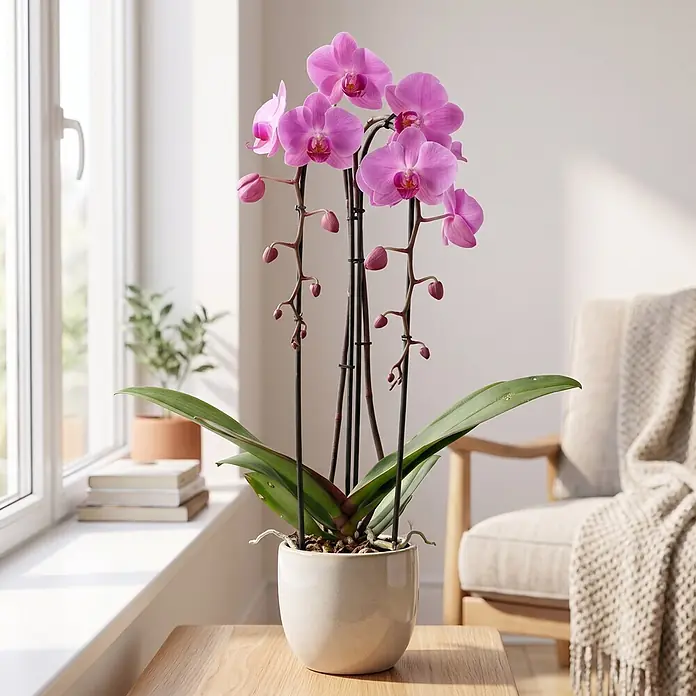 Piardino Schmetterlingsorchidee - Phalaenopsis Hybride Cascade, Topfgröße: 12 cm, Rosa, Anzahl Triebe: 2 Stk., Aufrecht - Eine leuchtend pinke Phalaenopsis Orchidee in einem cremefarbenen Keramiktopf, schmückt ein helles Wohnzimmer.