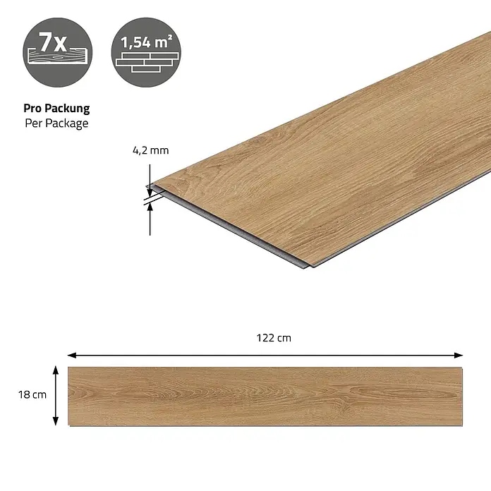 ML-Design Vinylboden 1 x Paket Vinylboden (7 Stück = 1,54 m²) - Braun, Landhausdiele, 1.220 x 180 x 4,2 mm - Helle Holzoptik-Bodenplanke, 122x18 cm, 4,2 mm dick; Packung enthält 7 Planken für 1,54 m².