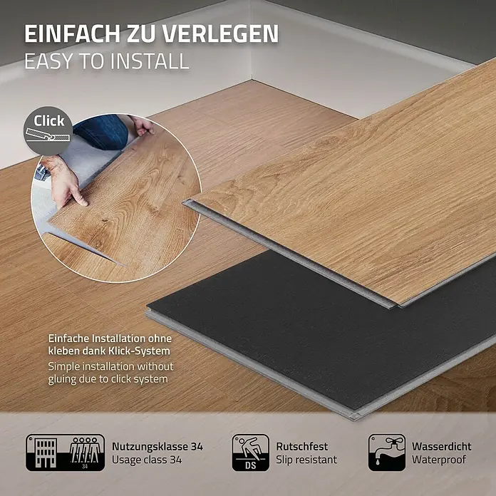 ML-Design Vinylboden 1 x Paket Vinylboden (7 Stück = 1,54 m²) - Braun, Landhausdiele, 1.220 x 180 x 4,2 mm - Holzoptik-Laminatboden, einfach per Klick-System zu verlegen, zeigt Schichten und Eigenschaften wie Rutschfestigkeit und Wasserfestigkeit.