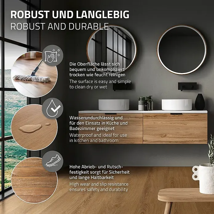 ML-Design Vinylboden 1 x Paket Vinylboden (7 Stück = 1,54 m²) - Braun, Landhausdiele, 1.220 x 180 x 4,2 mm - Hellbrauner Holzoptikboden mit Nahaufnahmen, die seine wasserdichte, pflegeleichte und robuste Oberfläche für Bad und Küche zeigen.
