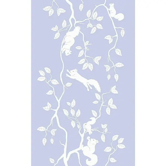 D-c-fix Static Premium Glasfolie - 150 x 45 cm, Weiß, Pineview, Statisch haftend - Die Tapete zeigt ein elegantes Muster mit Eichhörnchen, die in weißen Silhouetten auf einem sanft lila Hintergrund dargestellt sind. Äste mit Blättern ergänzen das Design.
