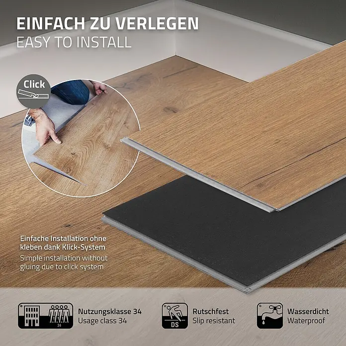 ML-Design Vinylboden Klickvinyl 4,62m² / 21 Dielen, 4,2mm Dicke - Eiche Rustikal, Landhausdiele, 1.220 x 180 x 4,2 mm
