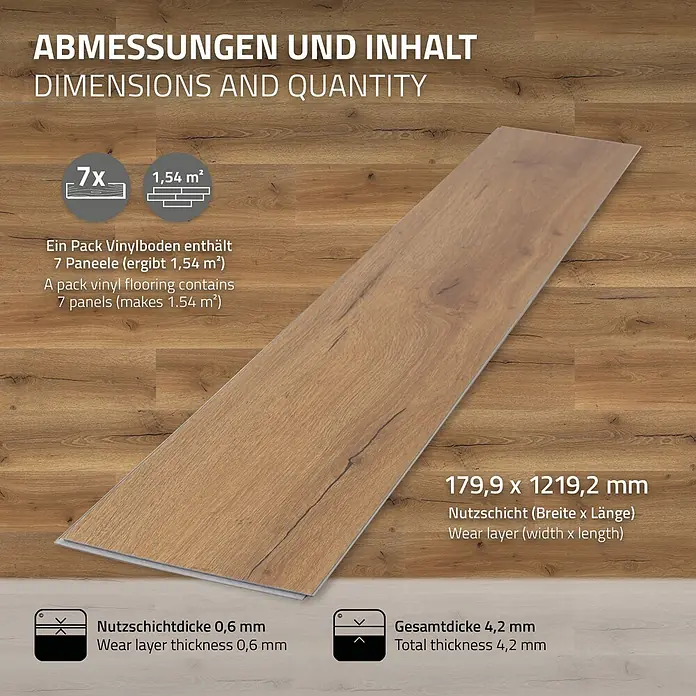 ML-Design Vinylboden Klickvinyl 4,62m² / 21 Dielen, 4,2mm Dicke - Eiche Rustikal, Landhausdiele, 1.220 x 180 x 4,2 mm