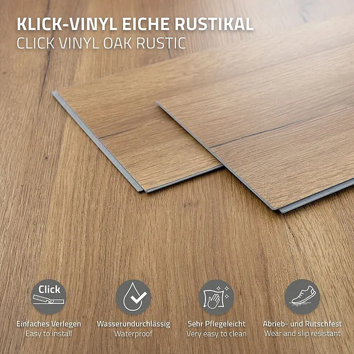 ML-Design Vinylboden Klickvinyl 4,62m² / 21 Dielen, 4,2mm Dicke - Eiche Rustikal, Landhausdiele, 1.220 x 180 x 4,2 mm