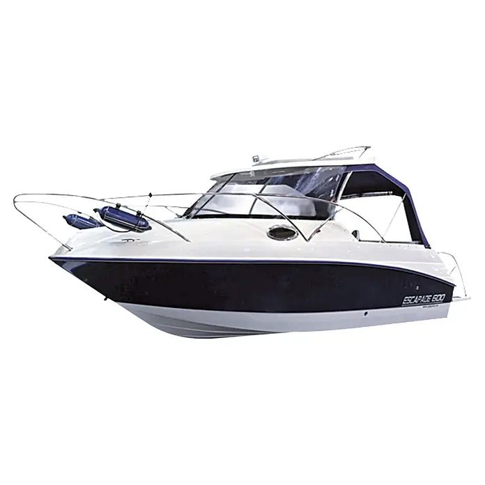 PEGAZUS GFK-Boot Escapade 600 Base SunTop - Max. 6 Personen, Nutzlast: 660 kg, CE-Klasse C - Bild eines eleganten Escape 600 Motorboots in Blau und Weiß, das für Freizeit und Wassersport konzipiert ist.