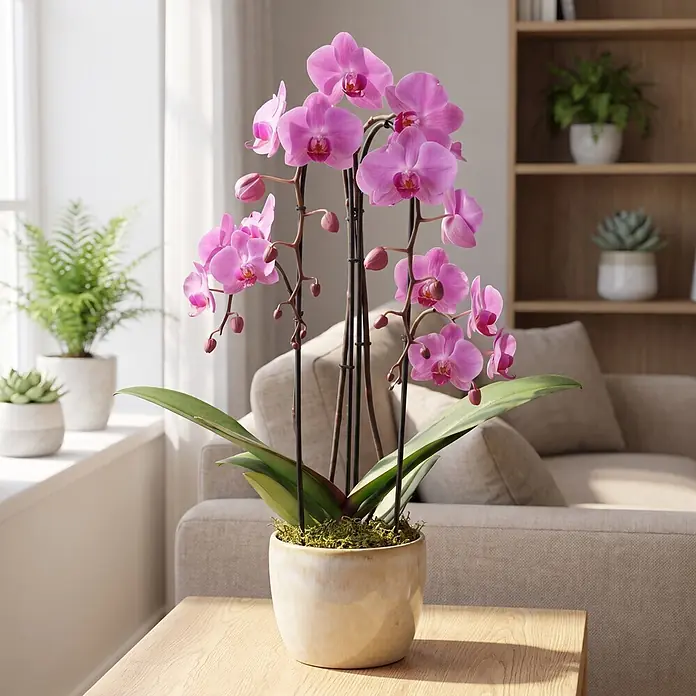 Piardino Schmetterlingsorchidee - Phalaenopsis Hybride Cascade, Topfgröße: 12 cm, Rosa, Anzahl Triebe: 2 Stk., Aufrecht - Eine leuchtend pinke Topf-Orchidee mit vielen Blüten und grünen Blättern steht in einem cremefarbenen Keramiktopf auf einem Holztisch im Wohnzimmer.