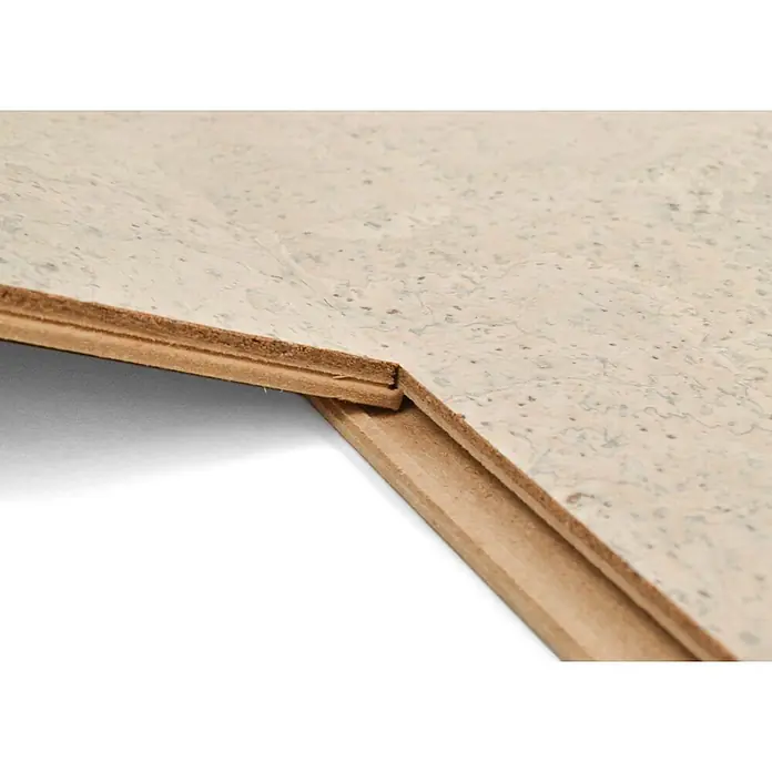 Bricoflor Korkboden Klick-System Korkparkett versiegelt, Rustikal weiß, 2,136 qm/Karton - 295 x 905 x 10,5 mm - Helle Korkbodenplatten mit Klick-System, die zeigen, wie sie ineinandergreifen.