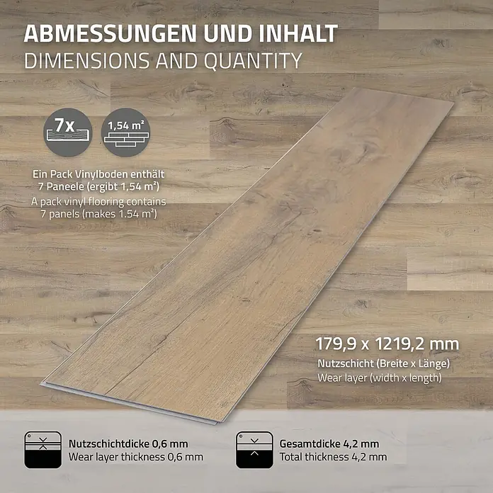 ML-Design Vinylboden Klickvinyl 6,16m² / 28 Dielen, 4,2mm Dicke - Eiche Rustikal Hell, Landhausdiele, 1.220 x 180 x 4,2 mm