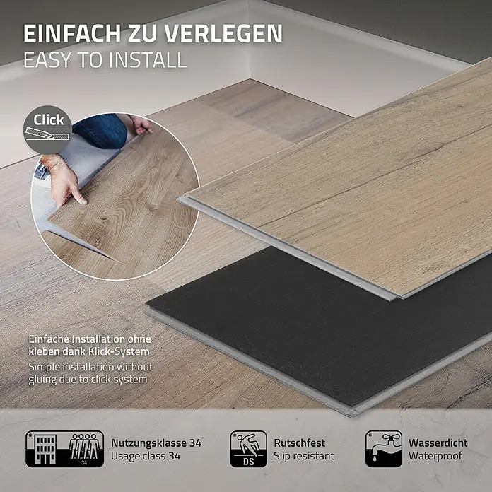 ML-Design Vinylboden Klickvinyl 6,16m² / 28 Dielen, 4,2mm Dicke - Eiche Rustikal Hell, Landhausdiele, 1.220 x 180 x 4,2 mm