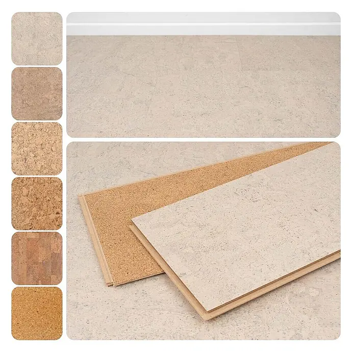 Bricoflor Korkboden Klick-System Korkparkett versiegelt, Rustikal weiß, 2,136 qm/Karton - 295 x 905 x 10,5 mm - Heller Korkboden verlegt, mit Mustern verschiedener Naturkorktexturen und Planken.