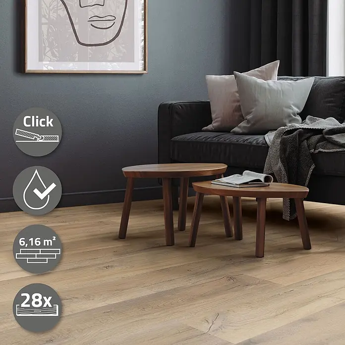 ML-Design Vinylboden Klickvinyl 6,16m² / 28 Dielen, 4,2mm Dicke - Eiche Rustikal Hell, Landhausdiele, 1.220 x 180 x 4,2 mm