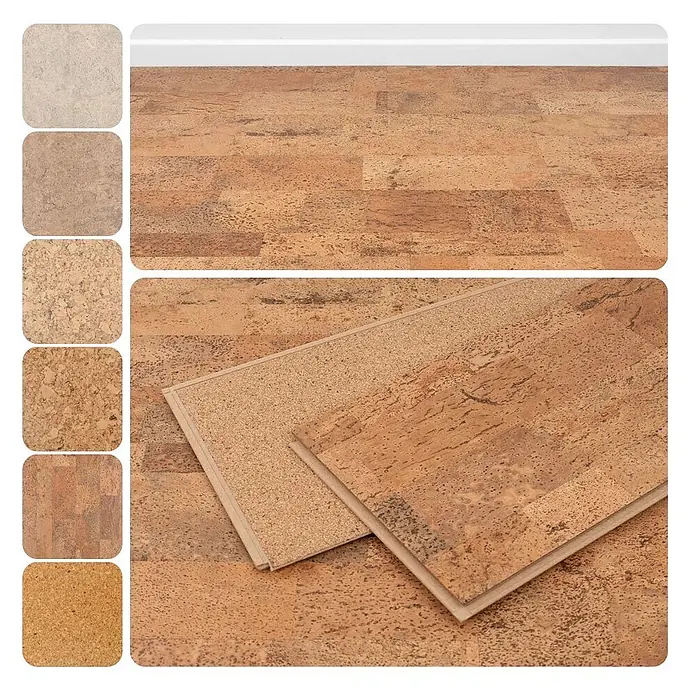 Bricoflor Korkboden Klick-System Korkparkett versiegelt, Schiffsboden natur dunkel, 2,136 qm/Ka - 295 x 905 x 10,5 mm - Natürlicher Korkboden in verschiedenen Farbtönen, der Dielen, Muster und einen verlegten Bereich zeigt.