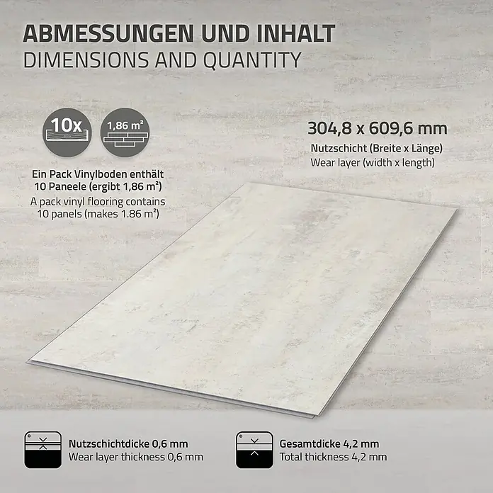 ML-Design Vinylboden Klickvinyl 1,86m²/10 Dielen, Grau Zement Hell - Zement Hell, Sonstige, 615 x 310 x 4,2 mm
