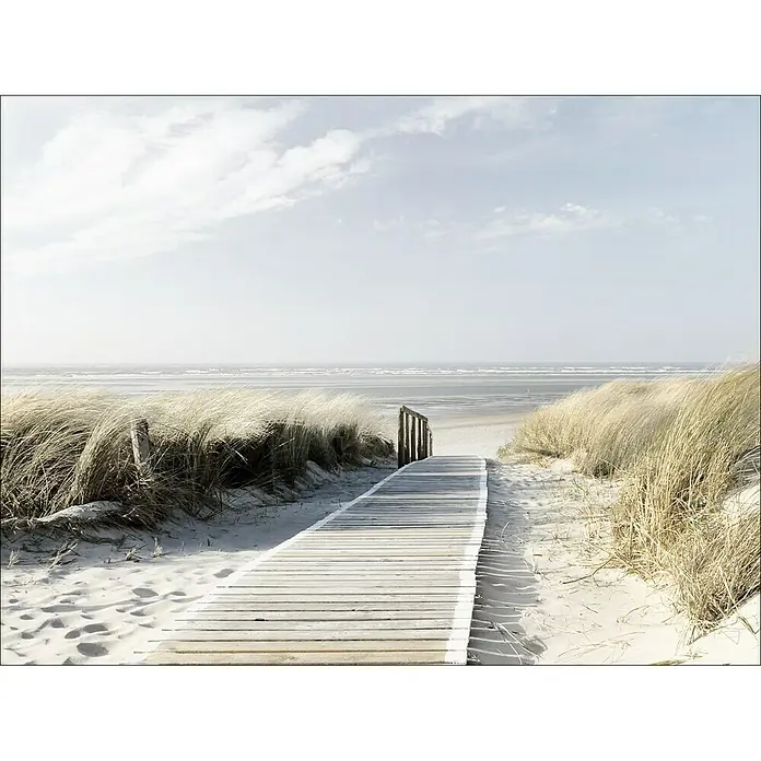 ProArt Young Living Leinwandbild - Seeblick III, B x H: 120 x 90 cm - Holzsteg führt durch Dünengras zum Strand unter einem hellen Himmel. Natürliche Ruhe und Küstenambiente laden zum Verweilen ein.