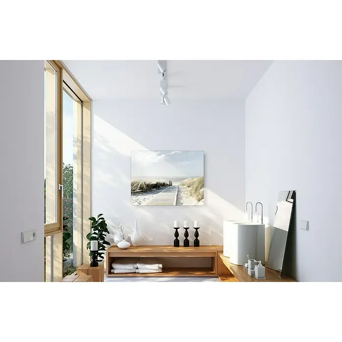 ProArt Young Living Leinwandbild - Seeblick III, B x H: 120 x 90 cm - Badezimmer-Interieur mit modernen Waschtischen, Holzablage und dekorativer Wandkunst für ein stilvolles Ambiente.