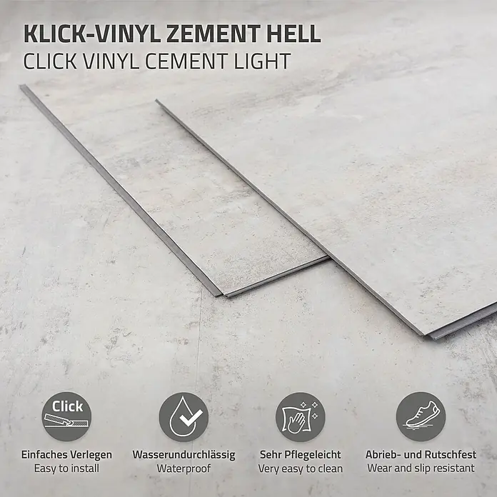 ML-Design Vinylboden Klickvinyl 1,86m²/10 Dielen, Grau Zement Hell - Zement Hell, Sonstige, 615 x 310 x 4,2 mm