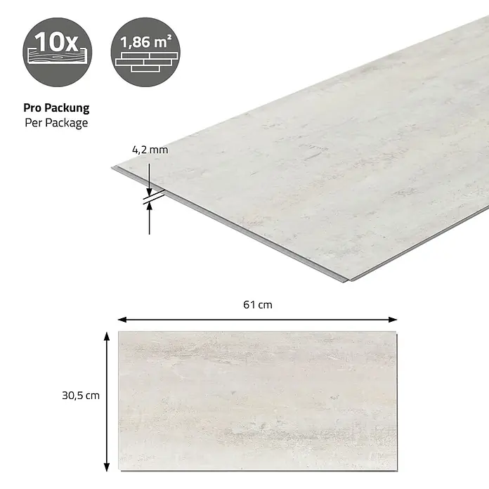 ML-Design Vinylboden Klickvinyl 1,86m²/10 Dielen, Grau Zement Hell - Zement Hell, Sonstige, 615 x 310 x 4,2 mm