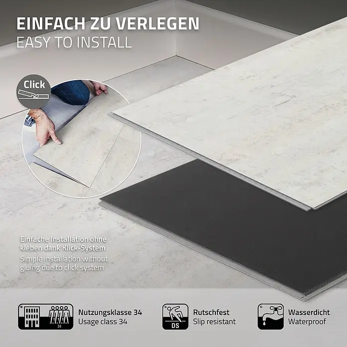 ML-Design Vinylboden Klickvinyl 1,86m²/10 Dielen, Grau Zement Hell - Zement Hell, Sonstige, 615 x 310 x 4,2 mm