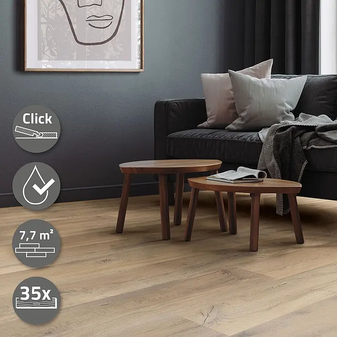 ML-Design Vinylboden Klickvinyl 7,7m² / 35 Dielen, 4,2mm Dicke - Eiche Rustikal Hell, Landhausdiele, 1.220 x 180 x 4,2 mm