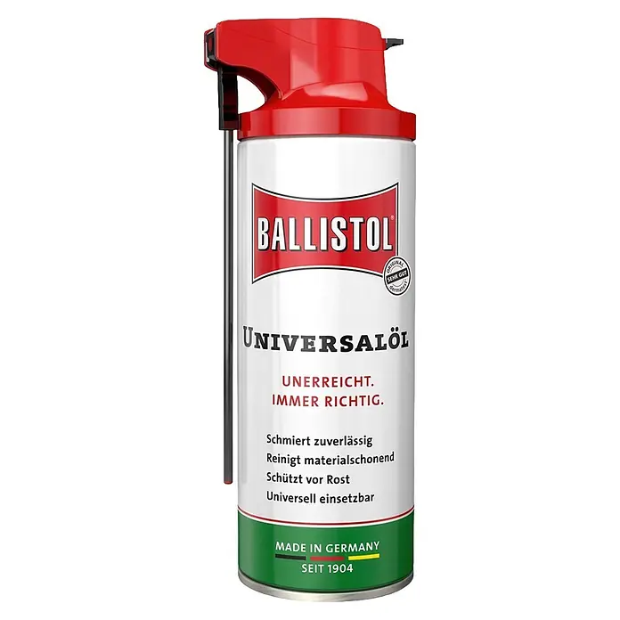 Ballistol Universalöl VarioFlex - 350 ml, Spray - Weiße Ballistol Universalöl Spraydose mit roter Kappe, Sprühkopf und schwarzem Applikationsrohr, grünem Unterteil.