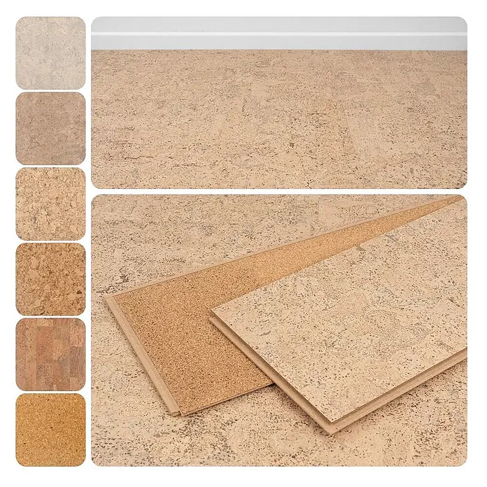 Bricoflor Korkboden Klick-System Korkparkett versiegelt, Rustikal creme hell, 2,136 qm/Karton - 295 x 905 x 10,5 mm - Hellbrauner Korkboden verlegt, mit mehreren Korkpaneelen zur Installation.