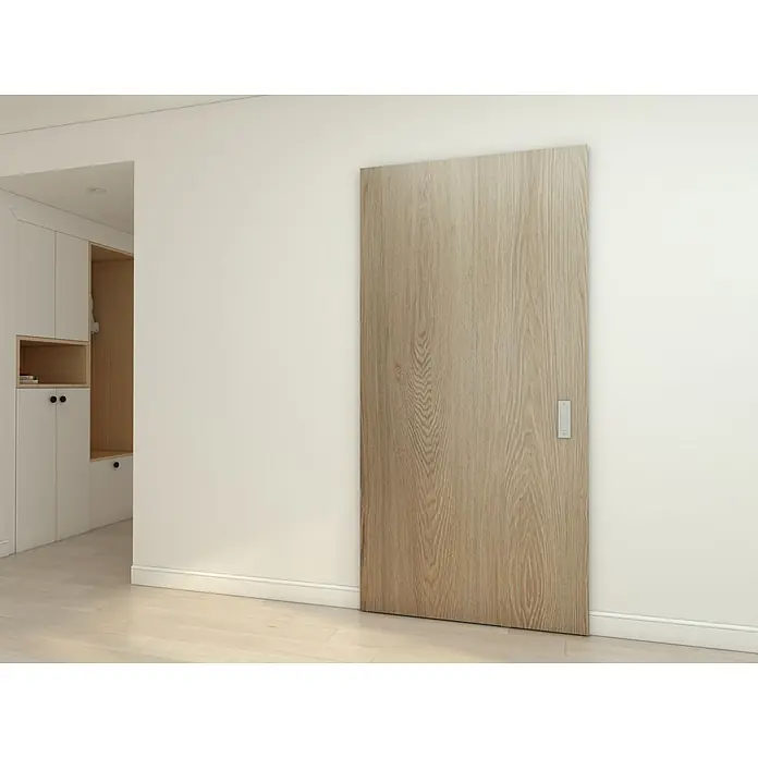 Inova Schiebetür-Komplettset Holzschiebetür Eiche mit verdeckter Laufschiene und Softclose 1030 x 2100mm - 1.030 x 2.100 mm - Helle Holztaschenschiebetür mit vertikaler Maserung und versenktem Griff, in moderne Wand integriert.