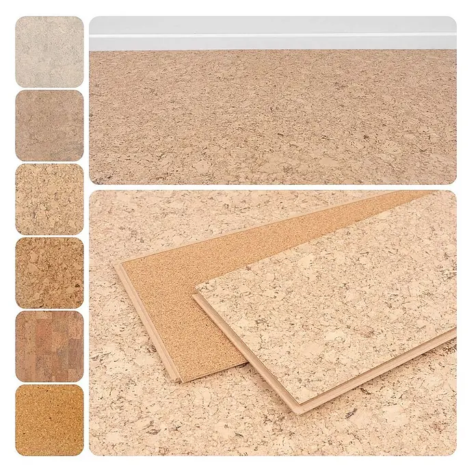 Bricoflor Korkboden Klick-System Korkparkett versiegelt, Klassik grob creme, 2,136 qm/Karton - 295 x 905 x 10,5 mm - Gesprenkelter Korkboden: verlegter Boden, verschiedene Muster und hellbraune Dielen.