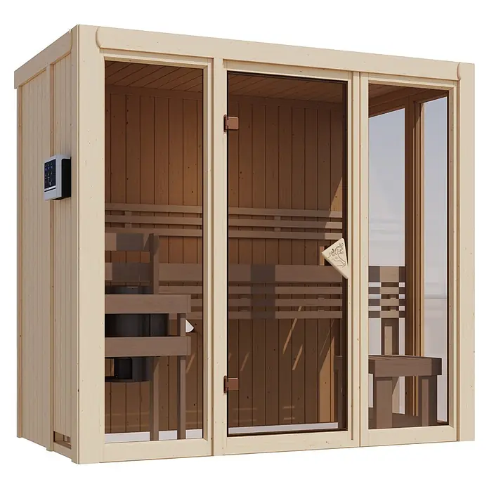 Karibu Elementsauna Balder - L x B x H: 122 x 216 x 198 cm, Plug & Play 3,6 KW Ofen mit interner Steuerung - Helle Holzsaunakabine mit Glastüren, Innenbänken, Ofen und externem Bedienfeld.