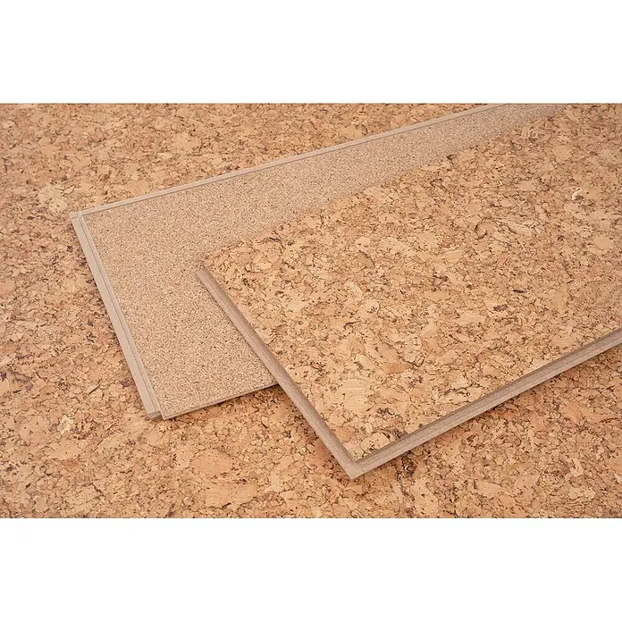 Bricoflor Korkboden Klick-System Korkparkett versiegelt, Klassik grob natur, 2,136 qm/Karton - 295 x 905 x 10,5 mm - Naturkork-Bodenplatten, zeigen die gesprenkelte Oberseite und granulierte Unterseite.
