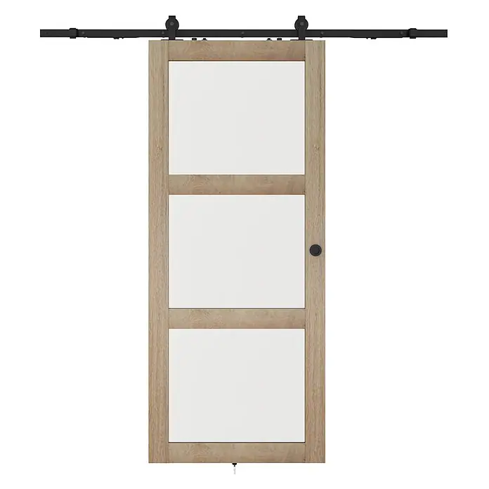 Inova Schiebetür-Komplettset Holzschiebetür Eiche mit Glaseinsatz und Softclose 1025 x 2150 mm - 1.025 x 2.150 mm - Hellholz-Schiebetür mit drei weißen Paneelen und schwarzem Schienensystem.