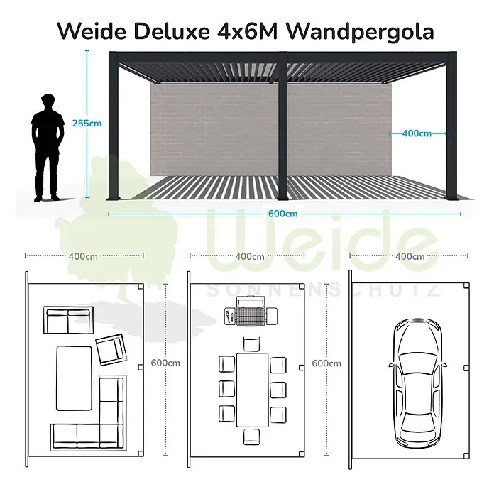 Weide Terrassenüberdachung - B x T: 600 m x 400 cm, Weiß, Aluminum, Weiß