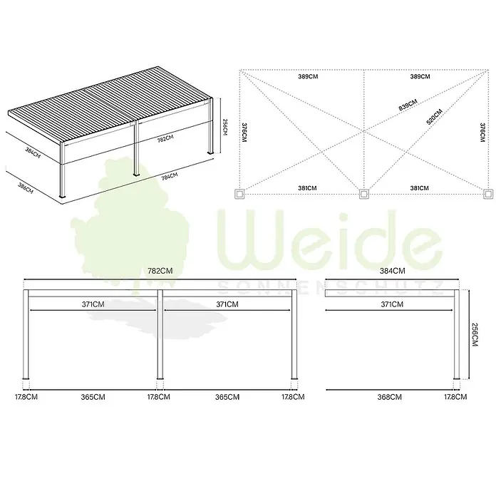 Weide Terrassenüberdachung - B x T: 800 m x 400 cm, Weiß, Aluminum, Weiß