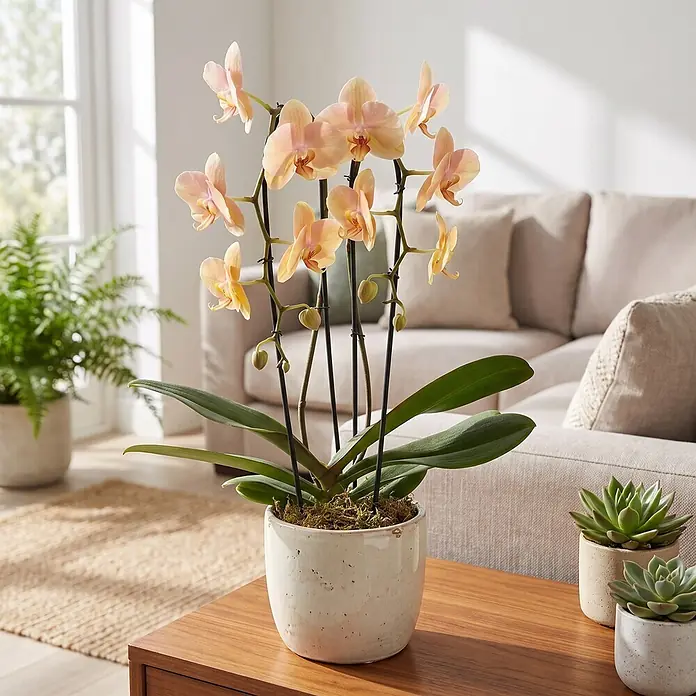 Piardino Schmetterlingsorchidee - Phalaenopsis Hybride Cascade, Topfgröße: 12 cm, Gelb, Anzahl Triebe: 2 Stk., Aufrecht - Eine getopfte Pfirsich-Orchidee mit mehreren Blüten in einem strukturierten weißen Keramiktopf auf einem Holztisch.