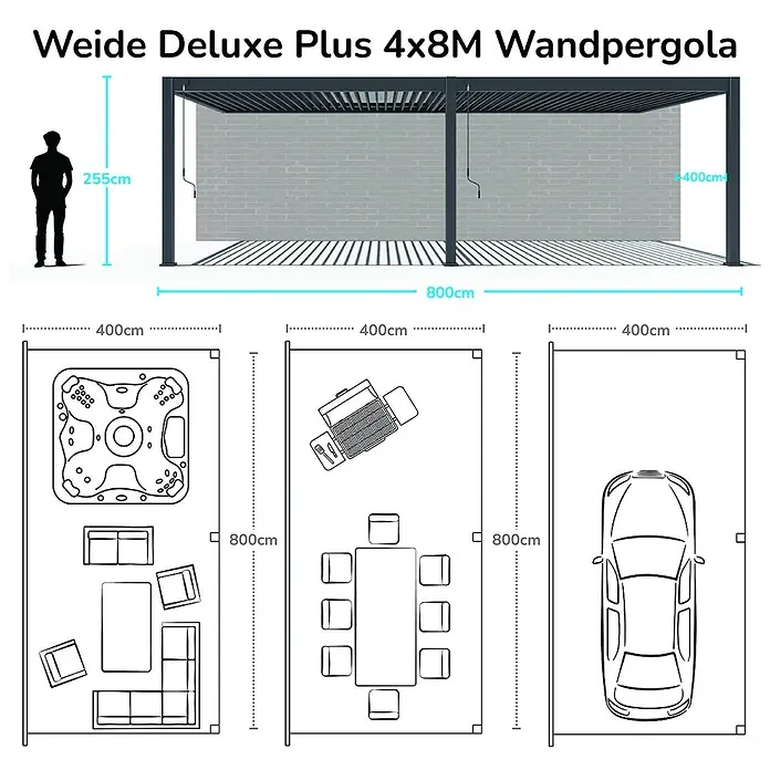 Weide Terrassenüberdachung - B x T: 800 m x 400 cm, Weiß, Aluminum, Weiß