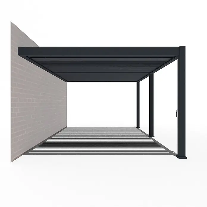 Weide Terrassenüberdachung - B x T: 600 m x 400 cm, Anthrazit, Anthrazit - Dunkelgraue Aluminium-Lamellenpergola zur Wandmontage, spendet Schatten.