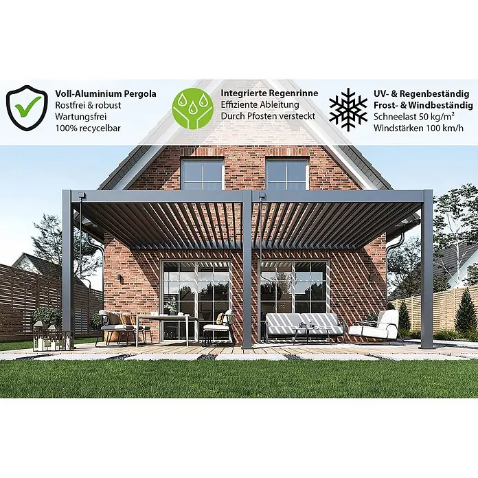 Weide Terrassenüberdachung - B x T: 600 m x 400 cm, Anthrazit, Anthrazit - Dunkelgraue Aluminium-Pergola mit Lamellendach auf einer Terrasse, bietet variablen Schatten und Wetterschutz.