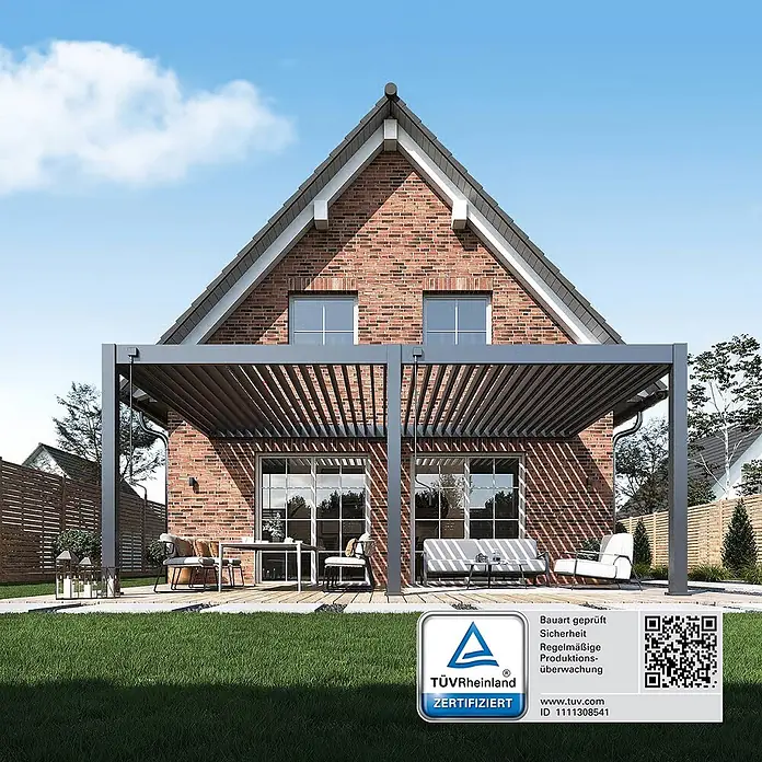 Weide Terrassenüberdachung - B x T: 600 m x 400 cm, Anthrazit, Anthrazit - Große graue Aluminium-Pergola am Ziegelhaus, die eine Terrasse mit Sitzgelegenheiten überdacht.