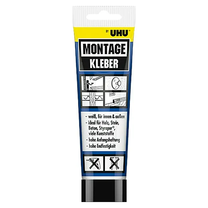UHU Montagekleber - 300 g - Produktansicht einer Tube UHU Montage Kleber, ein starker, weißer Klebstoff für Innen- und Außenanwendungen auf verschiedenen Materialien.