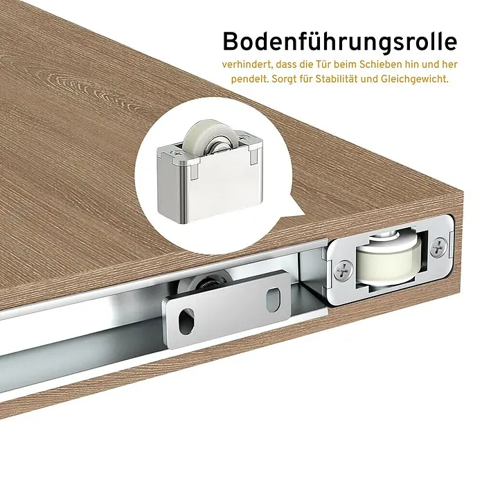 Inova Schiebetür-Komplettset Holzschiebetür Eiche mit verdeckter Laufschiene und Softclose 1030 x 2100mm - 1.030 x 2.100 mm - Metallene Bodenführungsrolle mit weißem Rad, in Holzplatte integriert, zur Führung von Schiebetüren und gegen Pendeln.