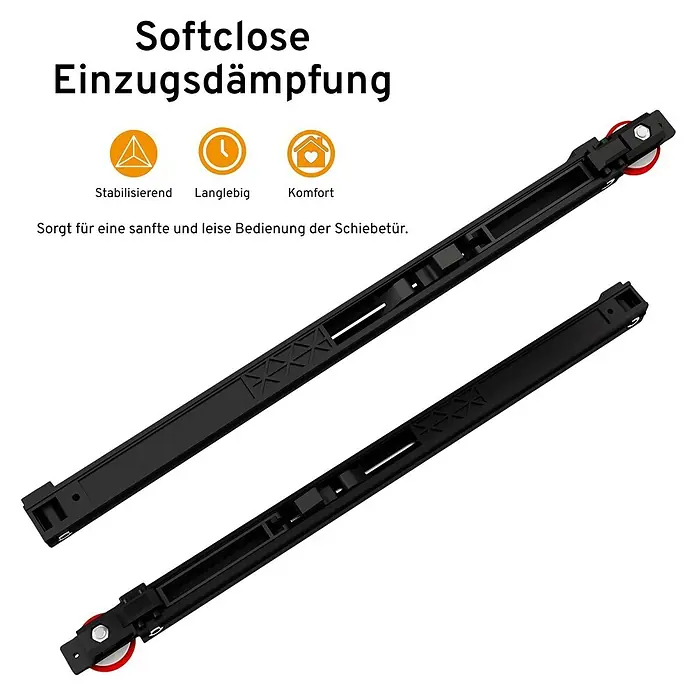 Inova Schiebetür-Komplettset Holzschiebetür Eiche mit verdeckter Laufschiene und Softclose 1030 x 2100mm - 1.030 x 2.100 mm - Zwei schwarze Soft-Close Einzugsdämpfer mit roten Rollen für sanftes und leises Schiebetürschließen.