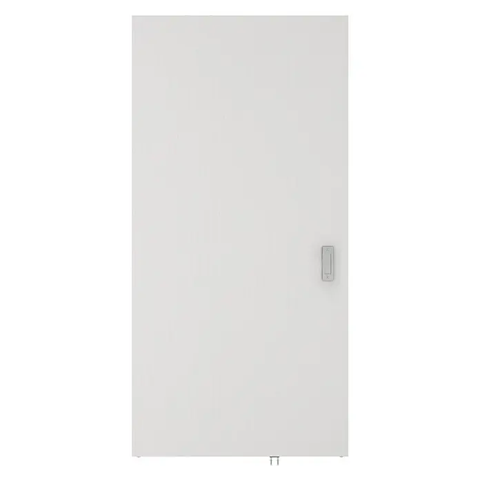 Inova Schiebetür-Komplettset Holzschiebetür Weiß mit verdeckter Laufschiene und Softclose 1030 x 2100 mm - 1.030 x 2.100 mm - Weißes strukturiertes Paneel mit silbernem Rechteckriegel und unteren Halterungen.