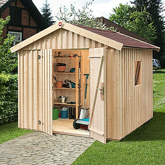 Weka GerätehausAußenbreite inkl. Dachüberstand: 277 cm, Außentiefe inkl. Dachüberstand: 286 cm, Holz, Natur Front View