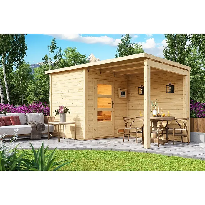 Karibu Saunahaus Vidar - 9 KW Ofen mit interner Steuerung, Natur, L x B x H: 196 x 196 x 227,5 cm - Gartensauna aus Holz mit angebauter Pergola-Terrasse, inklusive Sitz- und Essbereichen für Entspannung und Unterhaltung.