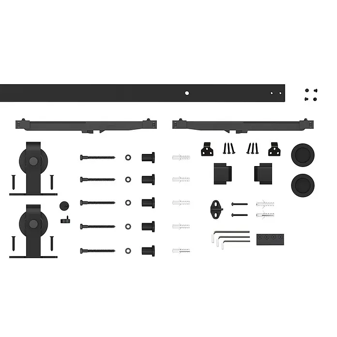 Inova Schiebetür-Komplettset Holzschiebetür Eiche mit Glaseinsatz und Softclose 1025 x 2150 mm - 1.025 x 2.150 mm - Schwarzes Metall-Schiebetürbeschlag-Set mit Schiene, Rollen, Schrauben und Bodenführungen, ausgelegt.