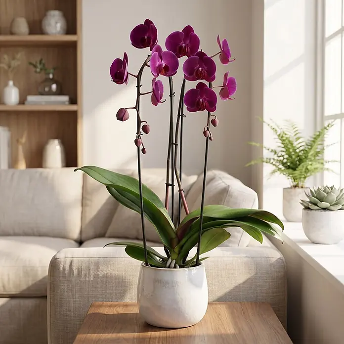 Piardino Schmetterlingsorchidee - Phalaenopsis Hybride Cascade, Topfgröße: 12 cm, Lila, Anzahl Triebe: 2 Stk., Aufrecht - Eine leuchtend violette Orchidee in einem weißen Keramiktopf steht auf einem Holztisch im Wohnzimmer.