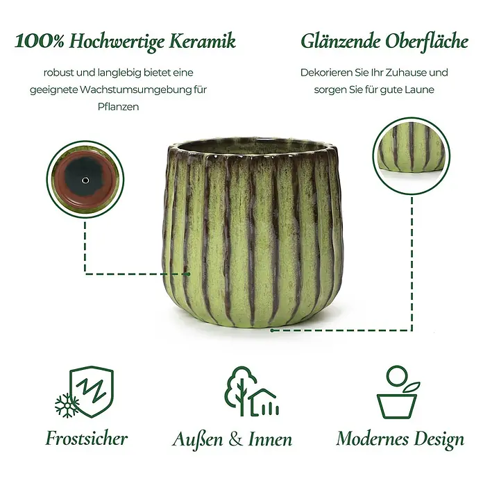Hometopia Pflanztopf HTPL0078-GR - 1 Stk., Außenmaß (Ø x H): 23 x 21,5 cm, Keramik, Grün - Ein grüner, geriffelter Keramik-Pflanztopf mit glänzender Oberfläche, geeignet für Innen- und Außenpflanzen.
