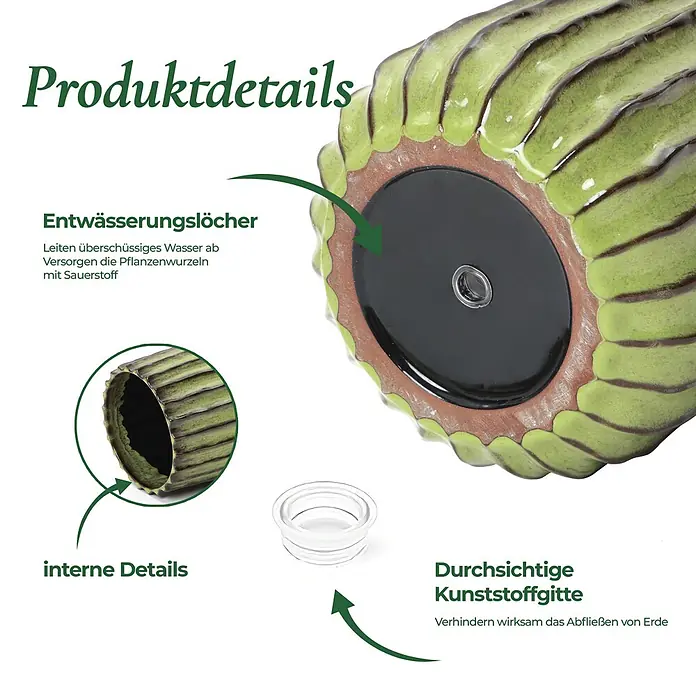Hometopia Pflanztopf HTPL0078-GR - 1 Stk., Außenmaß (Ø x H): 23 x 21,5 cm, Keramik, Grün - Grüner Keramik-Pflanztopf mit Entwässerungsloch, geripptem Inneren und transparentem Kunststoffgitter zur Bodenhaltung und Belüftung.