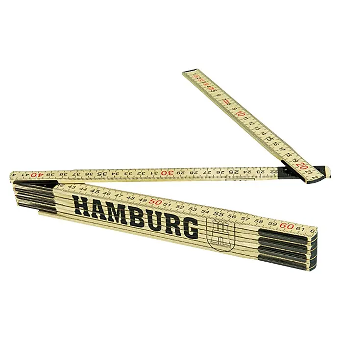 BAUHAUS Zollstock - Hamburg, 2 m - Ein Zollstock aus Holz mit der Aufschrift "Hamburg" und Messskalen. Das ideale Werkzeug für präzise Messungen und ein Muss für jeden Handwerker.