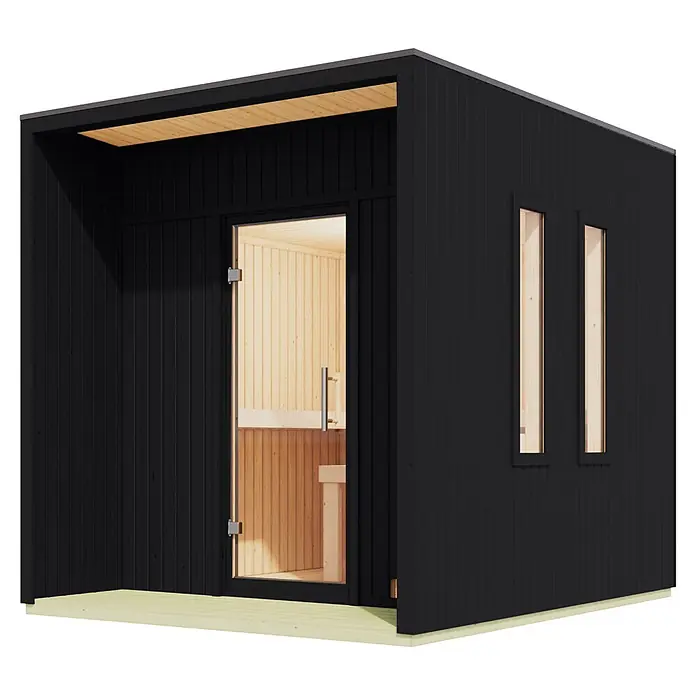 Karibu Saunahaus Tyr - L x B x H: 287,5 x 219,5 x 244 cm, Schwarz, 9 KW Ofen mit interner Steuerung - Moderne Außensauna mit schwarzer vertikaler Holzverkleidung, Glastür, hellem Holzinterieur und hellem Holzdeck.